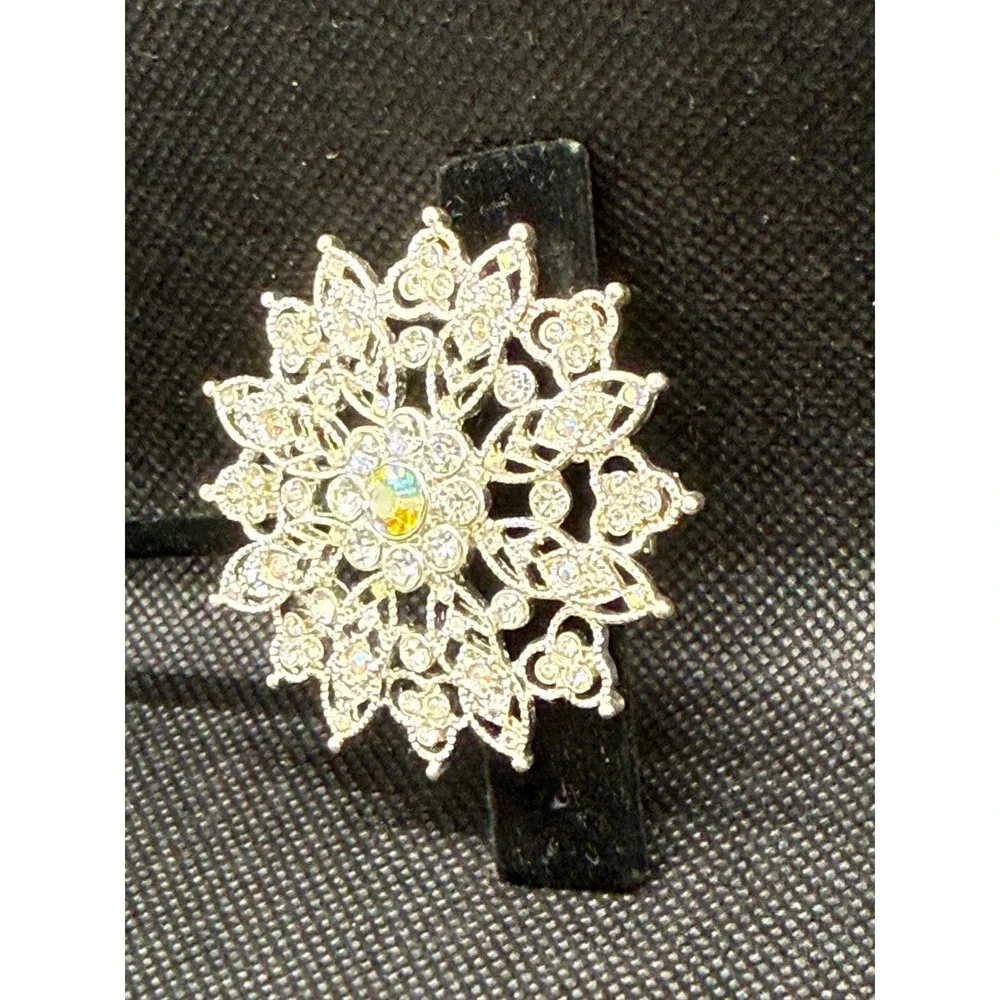Silver Tone AB Crystal Rhinestone Sunburst Filigree Brooch Pin Vintage Style 2